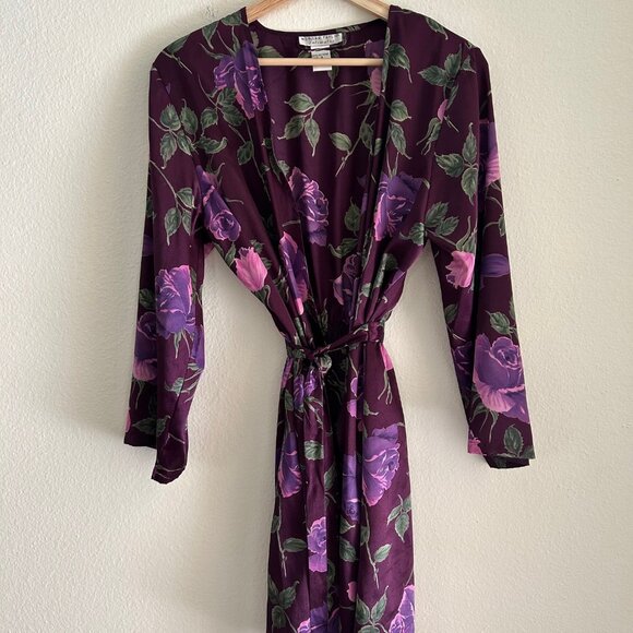 Morgan Taylor Intimates Short Kimono Wrap Robe Womens S/M Purple Floral Satin - Picture 4 of 7